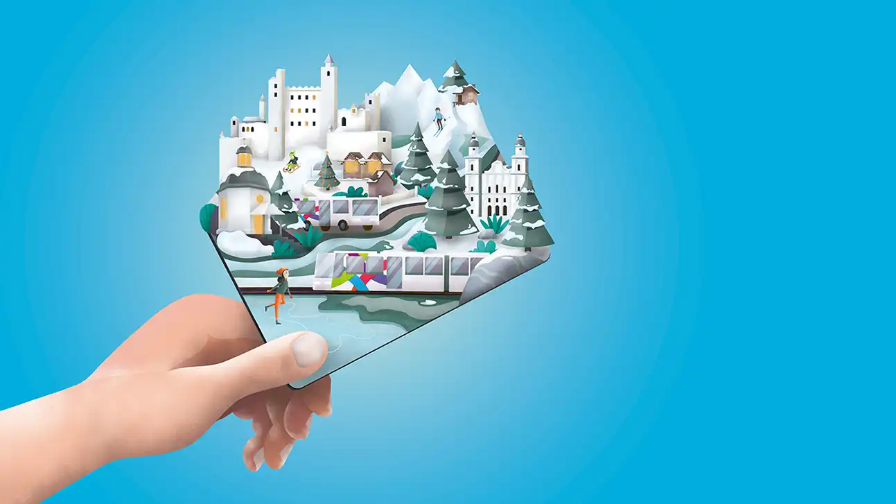 eine Hand, die ein Guest Mobility Ticket hält im winterlichen Sujet